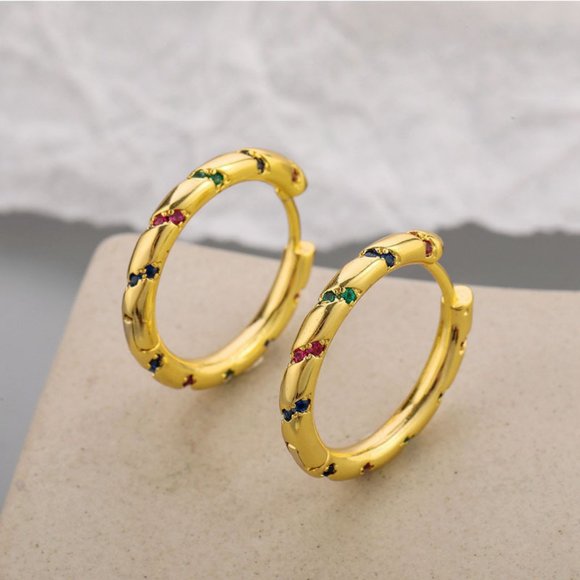 #NEW 925 Sterling Silver Colorful Diamond Round Hoop Earrings - Picture 5 of 6